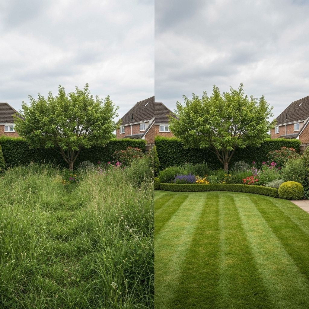 Professionell gepflegter Garten mit grünem Rasen und Hecken